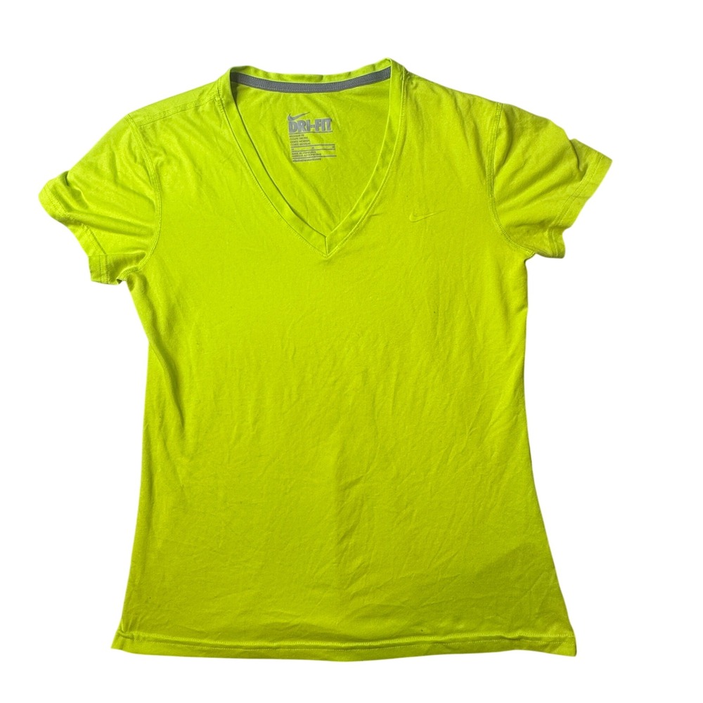 Nike T-Shirt Womens Medium Neon Green Dri-FIT V-Neck Short Sleeve Athletic Top